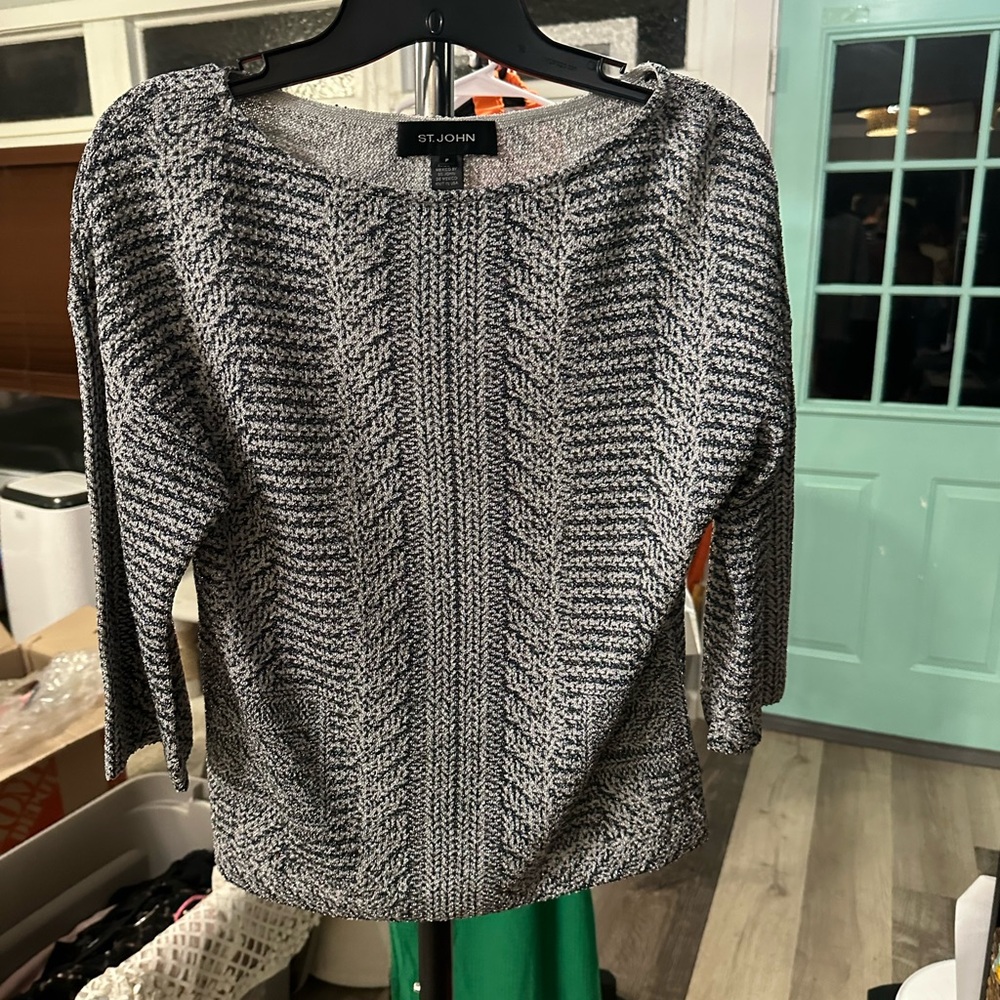 St. John Gray Crew Neck Cable Knit Jacket